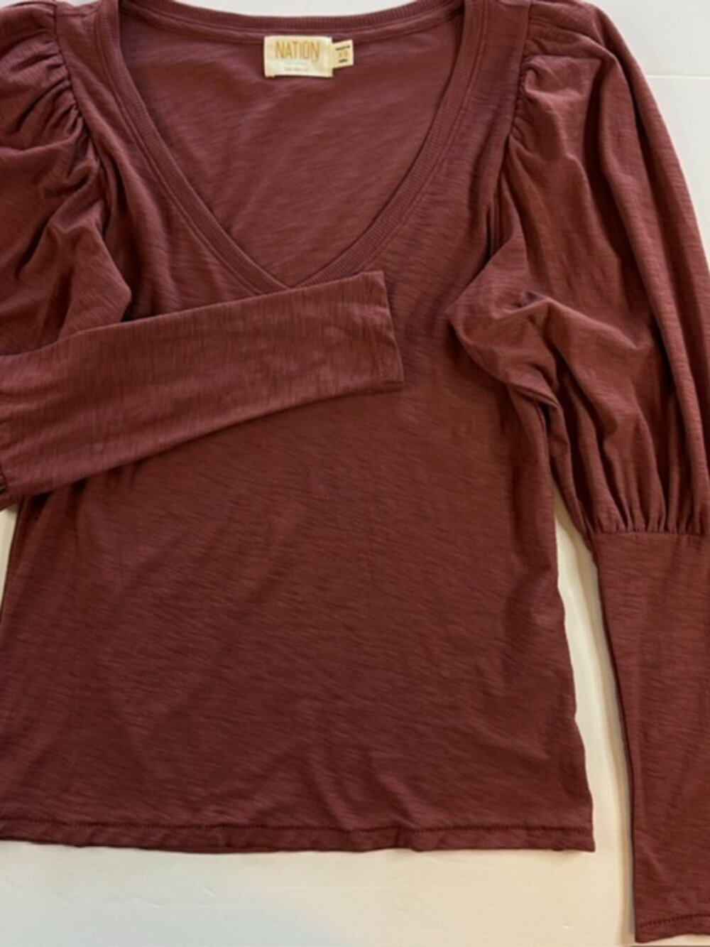 Long Sleeve Tee Shirt Nation LTD Puff Shoulder V-neck Brick Pima Cotton XS